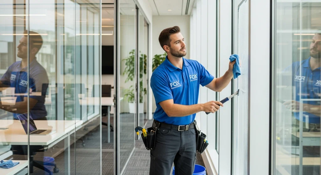 Professional window cleaning service technician washing residential home windows in Millbrae California