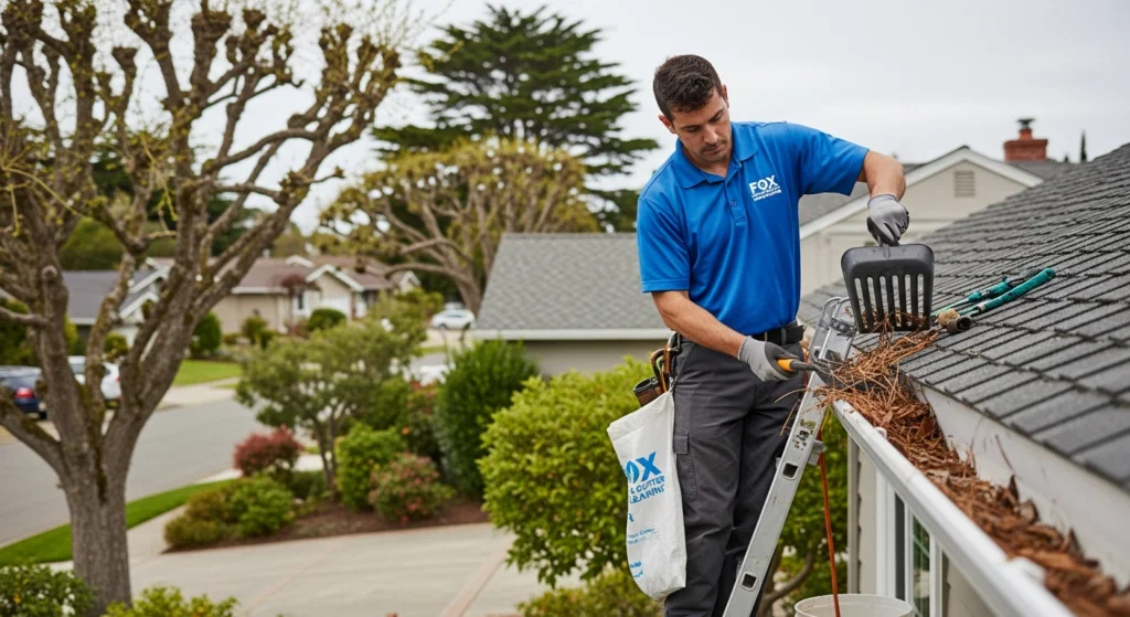 Professional window cleaning service technician using squeegee on residential home exterior