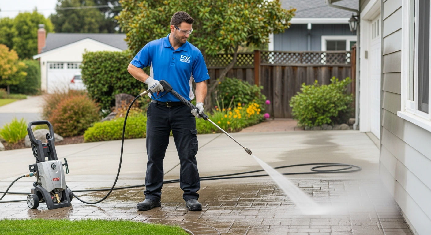 Professional pressure washing service cleaning driveway and exterior surfaces in Millbrae