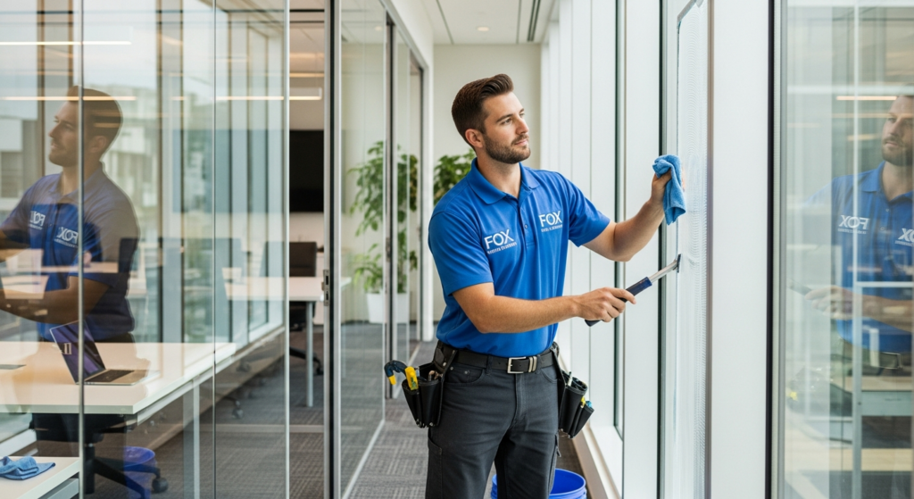 Professional window cleaning service technician washing residential home windows in Millbrae California