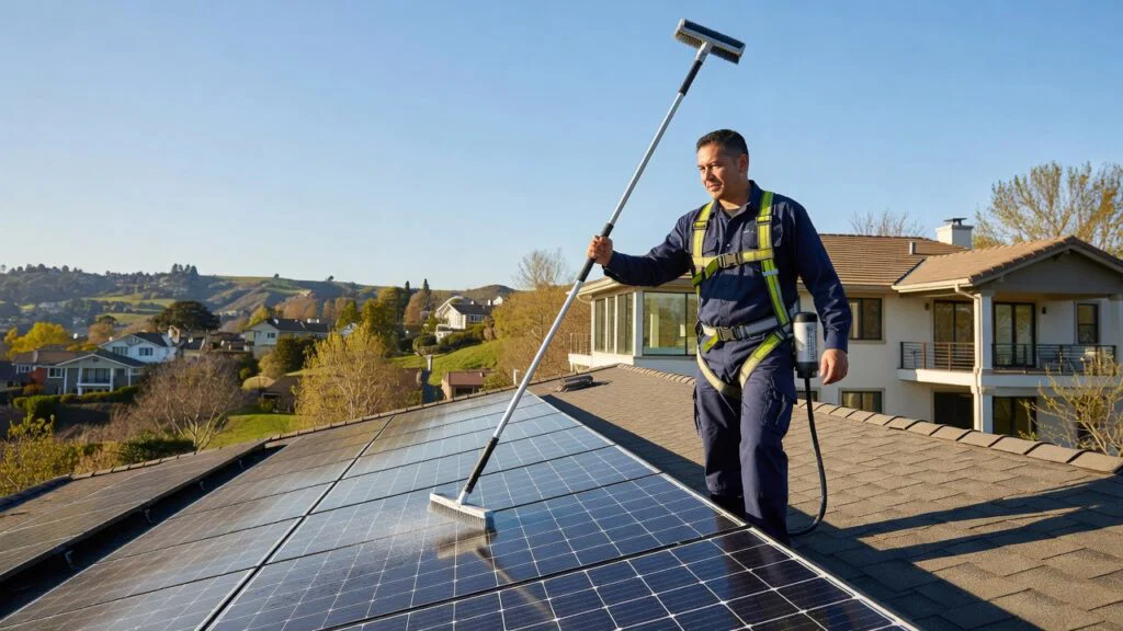 Professional window cleaning service technician washing residential home windows in Millbrae California