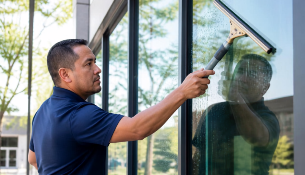 Professional window cleaning service technician cleaning residential home windows in Millbrae California